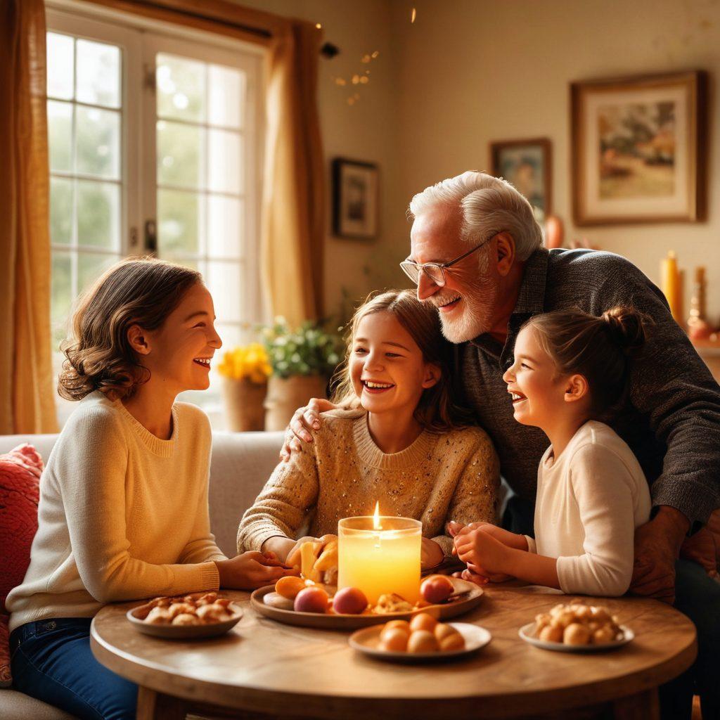 A heartwarming scene depicting a joyful family gathering in a cozy living room, with a loving grandfather surrounded by his grandchildren and children, sharing laughter and stories. The atmosphere is filled with warmth and smiles, colorful decorations in the background, and a table laden with homemade treats. Sunlight streams through the window, creating a golden glow that symbolizes love and family connections. super-realistic. warm tones. dynamic composition.
