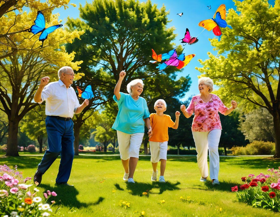 A warm, sunlit scene of joyful grandparents playing in a park with their grandchildren, surrounded by blooming flowers and fluttering butterflies. Capture the laughter shared between generations as they engage in fun activities like flying kites and playing ball. The background should include vibrant trees and a clear blue sky, symbolizing happiness and togetherness. Bright and colorful, evoking a sense of love and joy. super-realistic. vibrant colors.
