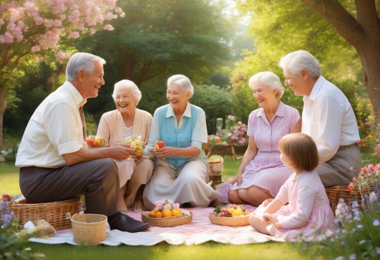A warm, sunlit family gathering featuring cheerful elders sharing stories and laughter with children, surrounded by blooming flowers and a picnic setup. The scene should evoke a sense of togetherness and joy, highlighting the vibrant connections between generations. Soft, pastel colors to create a joyous and inviting atmosphere. super-realistic. vibrant colors.